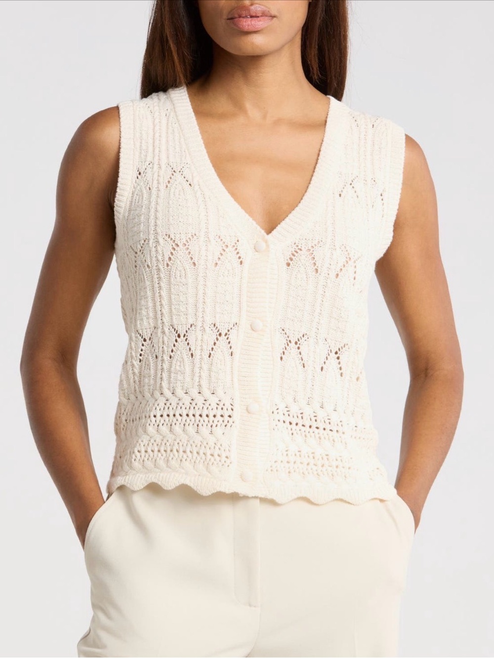 T Tahari Crochet V-Neck Button Sweater Top